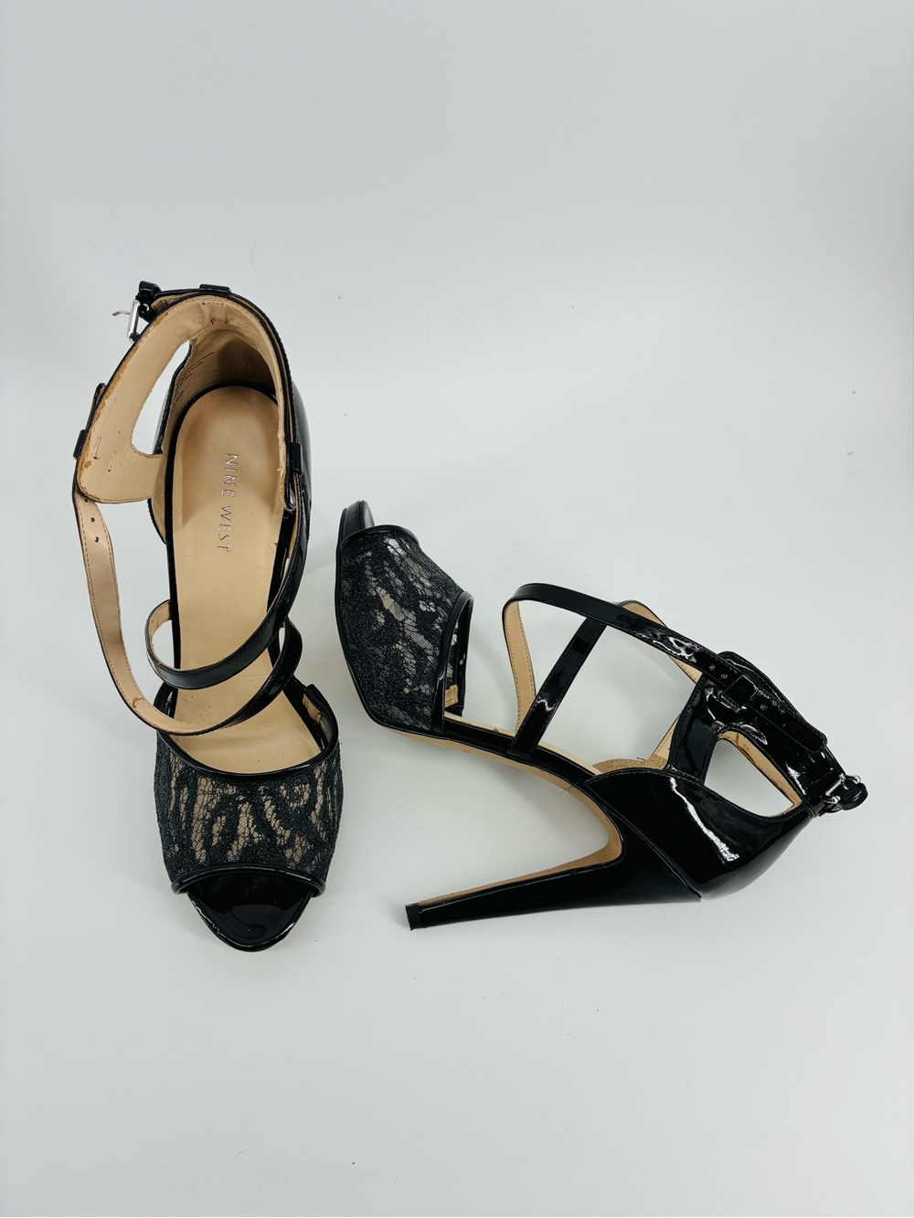 Nine West Black Lace & Patent Leather High Heel Open Toe Sandals